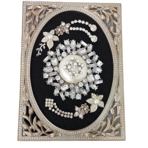 PRICE DROP! Hand Crafted Framed Floral Art - Vintage Mid-Century Rhinestone - Picture 13 of 14